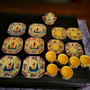 Vintage Quimper Henriot plates and cup set with sugar container from France